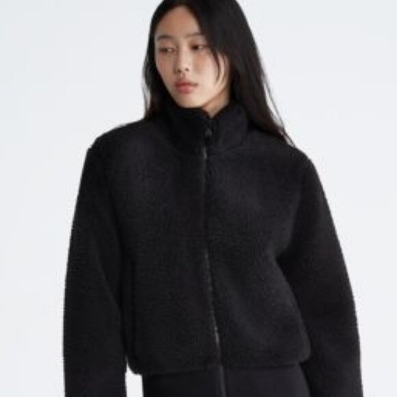 CALVIN KLEIN CK Logo Patch Black Sherpa Teddy Jacket Mock Neck Full Zip XL - Picture 1 of 11